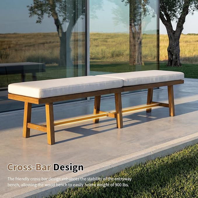 3-Person Outdoor Bench with Detachable Cushion, 76.3" Long Porch Bench Rust-Free Aluminum Garden Bench, Indoor Outdoor Dining Bench for Backyard, Poolside, Porch, Teak