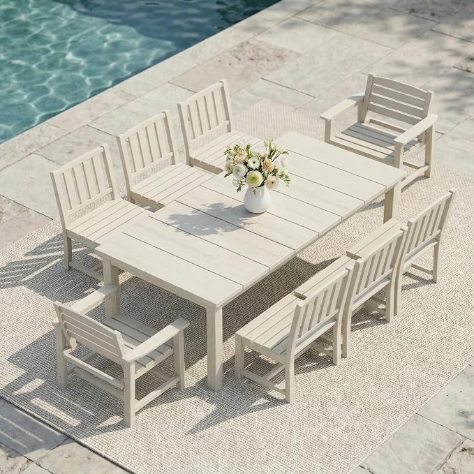 Kingdura 9 Piece Patio Dining Set for 8, 75.2'' HDPE Outdoor Dining Table Set with 2" Umbrella Hole, Weather-Resistant Outdoor Furniture, Table and Chairs Set for Backyard Pool Garden, White