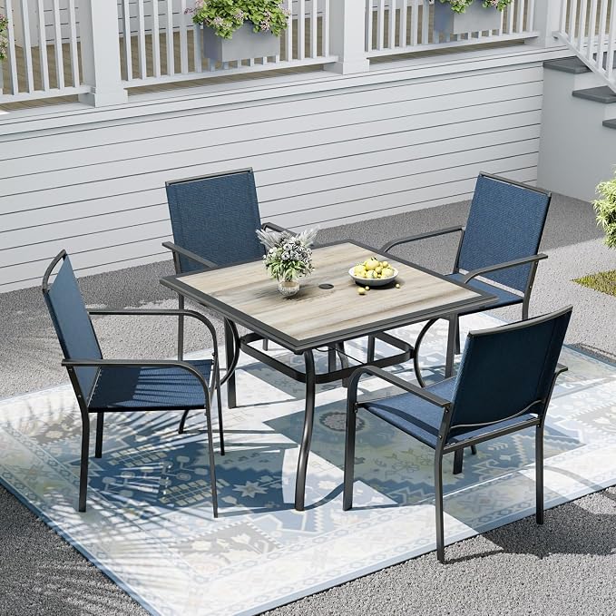 Patio Dining Set for 4, Outdoor 37" Dining Table with Laminated Top and 1.9" Umbrella Hole, 4pcs Stackable Patio Chairs Included, Perfect for Home & Outside