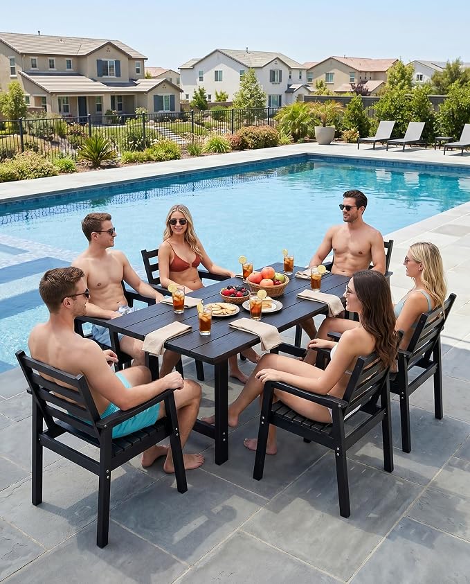 7 Piece HDPE Outdoor Dining Set for 6, Patio Dining Furniture Set with 2” Umbrella Hole, Weather Resistant Outdoor Table and Chairs for Garden, Poolside, Backyard, Deck