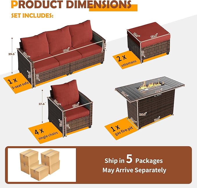 UDPATIO Patio Furniture Set with 44" Fire Pit Table, 8 Pieces Outdoor Sectional Conversation Sets, All-Weather Wicker Rattan Sofa Ottoman with 4" Thick Cushion for Garden Backyard Deck, Wine Red