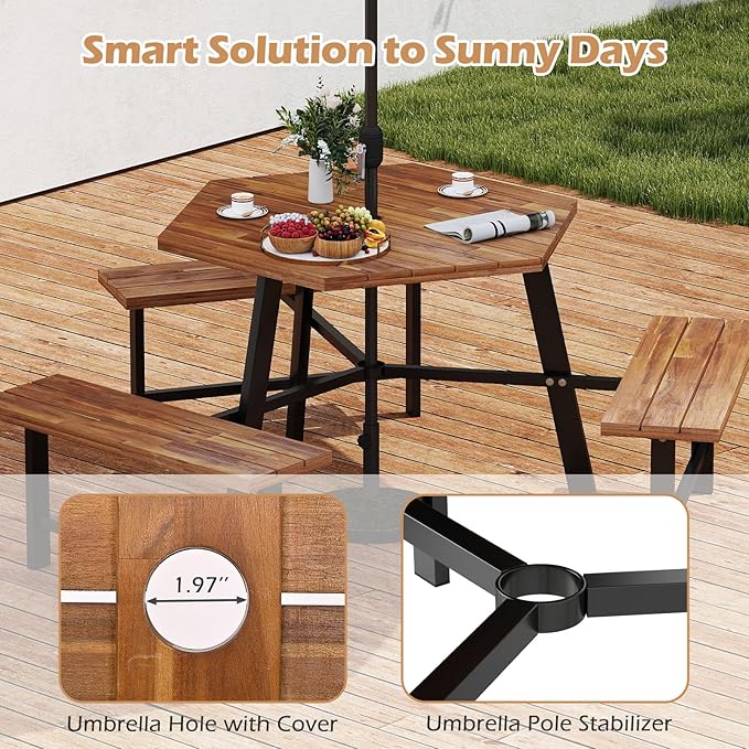 Giantex Picnic Table Bench Set for 6, Acacia Wood Outdoor Dining Table Set with 3 Seats, 1.97" Umbrella Hole, 1720 LBS Capacity, Heavy Duty Metal Frame, for Front Porch Patio Lawn Garden