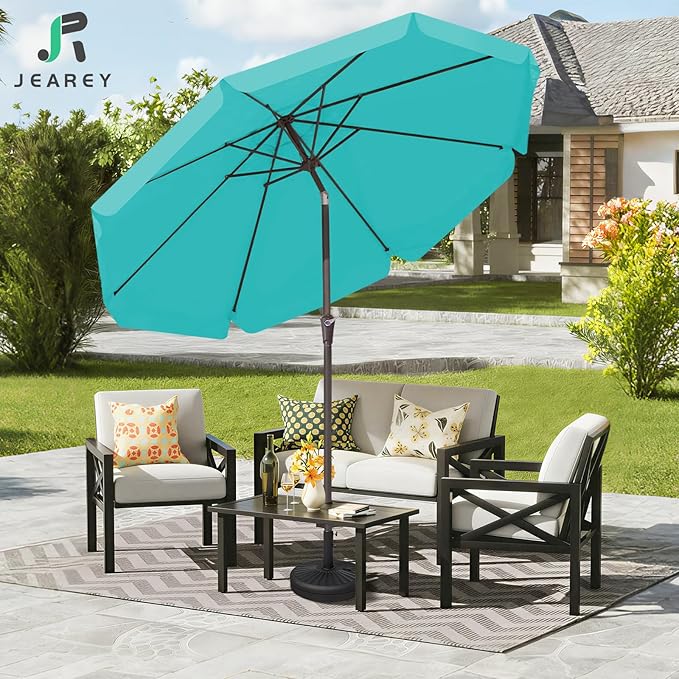JEAREY 9 FT Patio Umbrella Outdoor, Table Umbrellas Market Umbrella w/Push Button Tilt/Crank, 8 Sturdy Ribs(Teal)