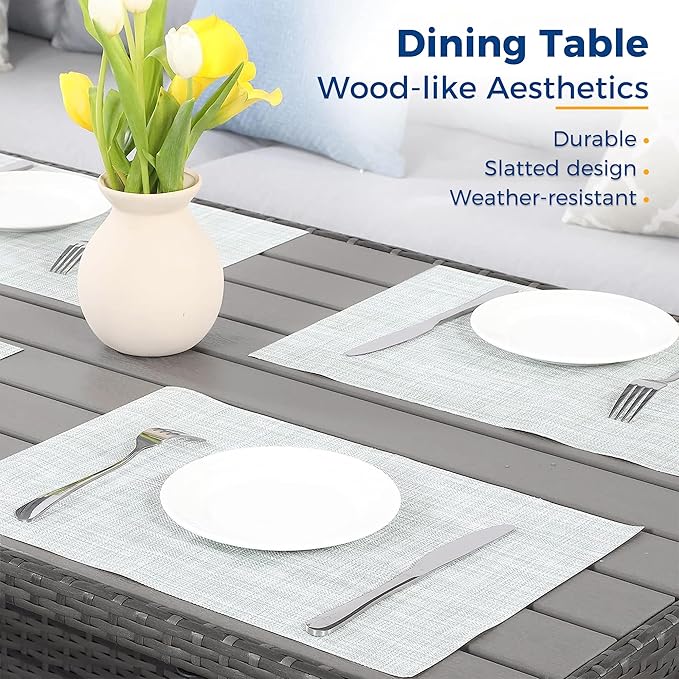 Wisteria Lane Patio Furniture Set - 7 Piece Wicker Rattan Outdoor Dining Set with Table, Chairs, Ottomans, Sectional, Grey