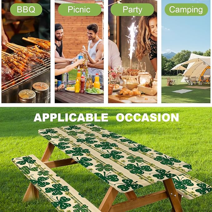 ANNA QUEEN St. Patrick’s Day Clover 6FT Picnic Table Cover with Bench Covers Set of 3 with Drawstring Bag, Green Clover 72"x30" Waterproof Picnic Tablecloth & Bench Covers for Outdoor Dining