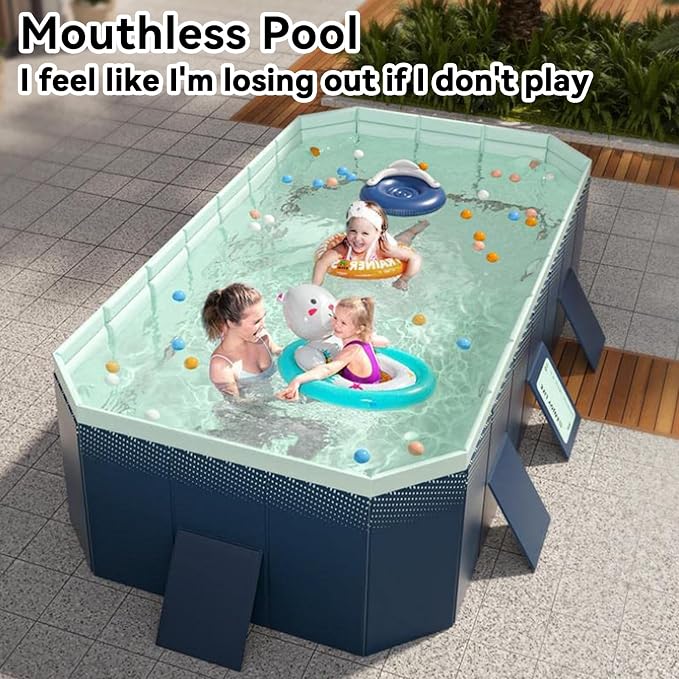 Foldable Swimming Pool, Rectangular Above Ground Swimming Pool for Outdoor Family Square Pool with Drain Plug and Drain Hole, Easy to Assemble Pool for Kids, Pets and Dogs(116" L x 65" W)