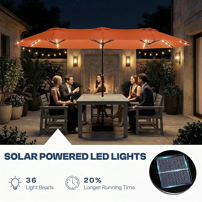15FT Large Outdoor Patio Umbrella with Solar Lights and Base, Double-Sided Table Umbrellas with 48 LED Lights, Rectangle Market Umbrella for Pool, Deck, Backyard