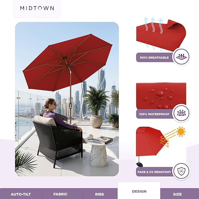 Midtown Umbrellas Wooden 2-8 Ft Patio Umbrella with 360° Swivel & Tilt Mechanism, 8 Fiberglass Ribs & Sunbrella Fabric - Outdoor Umbrella for Deck, Pool & Garden - Burgundy Canopy, Wooden Pole