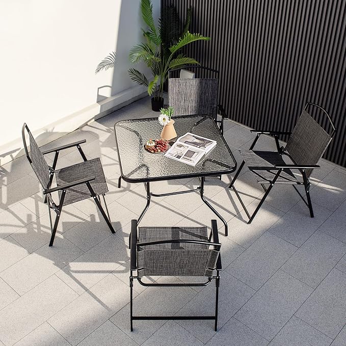 Giantex 34 Inch Outdoor Dining Table, Square Tempered Glass Table w/ 1.5” Umbrella Hole, Rustproof Metal Frame, Patio Dining Table for Balcony, Porch, Garden