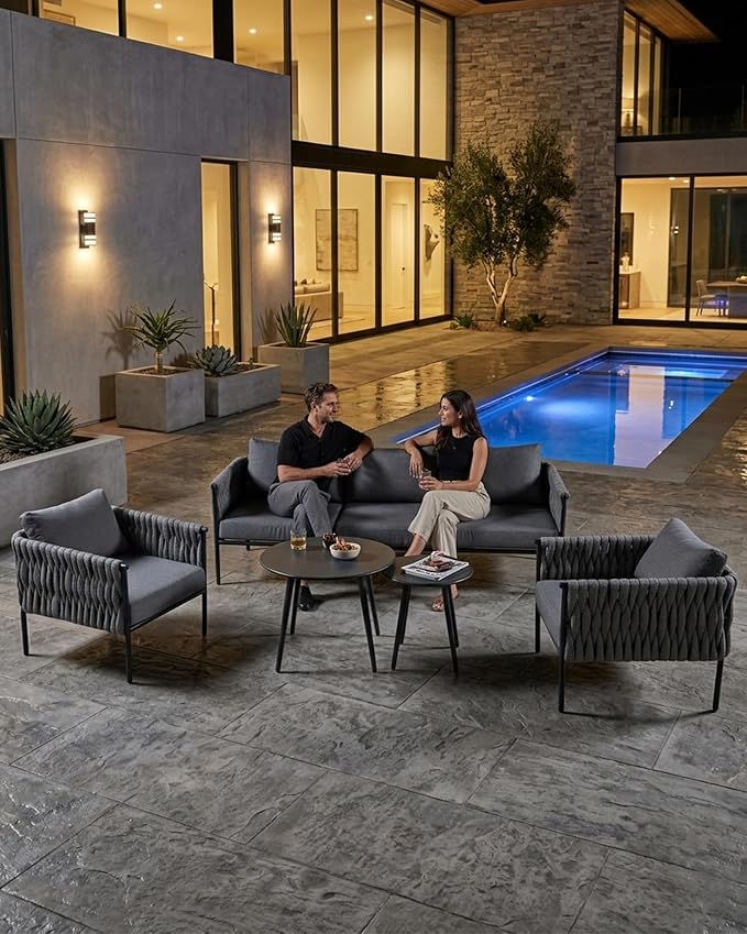 5 Piece Patio Furniture Set, Woven Rope Outdoor Furniture Couch with 2 Round Coffee Tables, All Weather Patio Conversation Sets with Oversized 3-Seater Sofa & Washable Cushions for Backyard
