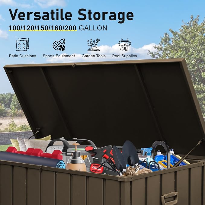 Domi Deck Box Outdoor Storage Box 200 Gallon, Lockable Storage Cabinet Deck Box Outdoor Waterproof, Large Metal Storage Bin for Patio Furniture Cushions Garden Tools Pool-Supplies, Brown