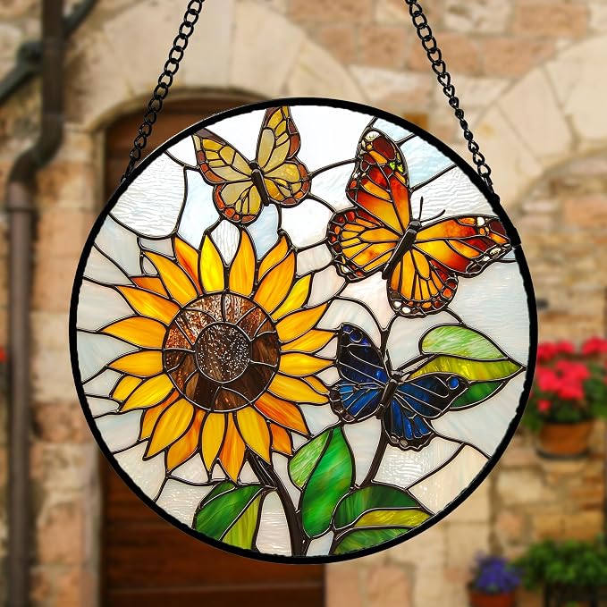DASTOLL Stained Glass Window Hanging, Butterfly and Sunflowers Sun Catchers Glass Panel Plant Insects Suncatcher Decor for Birthday for Women, Men, Wife, Aunt, and Mom 11.8x11.8 in