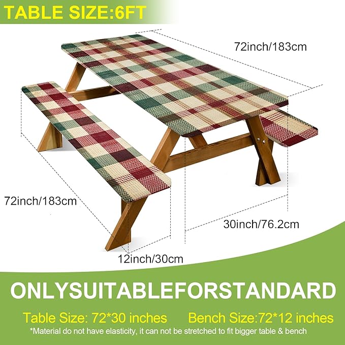ANNA QUEEN Classic Plaid Picnic 6FT Picnic Table Cover with Bench Covers Set of 3 with Drawstring Bag, Checkered 72"x30" Waterproof Picnic Tablecloth & Bench Covers for Outdoor BBQ