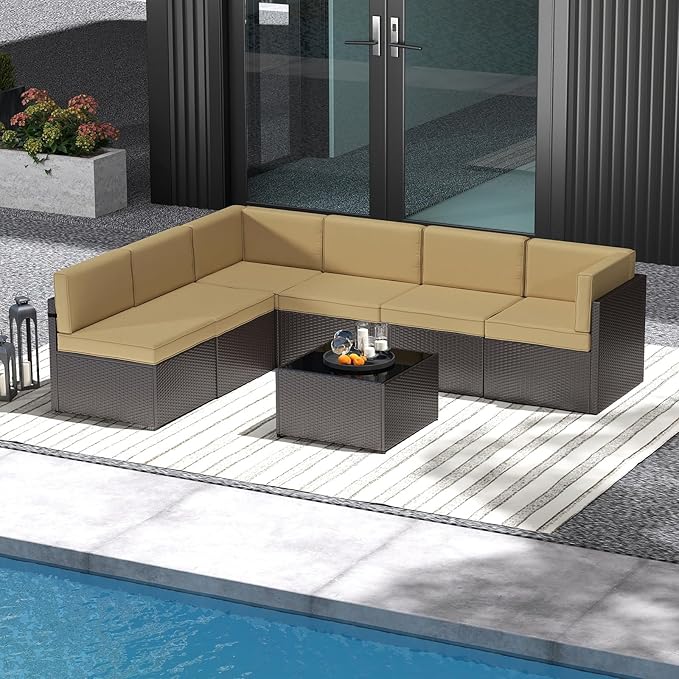 7-Piece Outdoor Patio Furniture Set, Patio Conversation Set, Patio Sectional Sofa Set with Coffee Table & Cushion for Backyard, Balcony, Garden, No-Slip, PE Wicker, Khaki/Brown