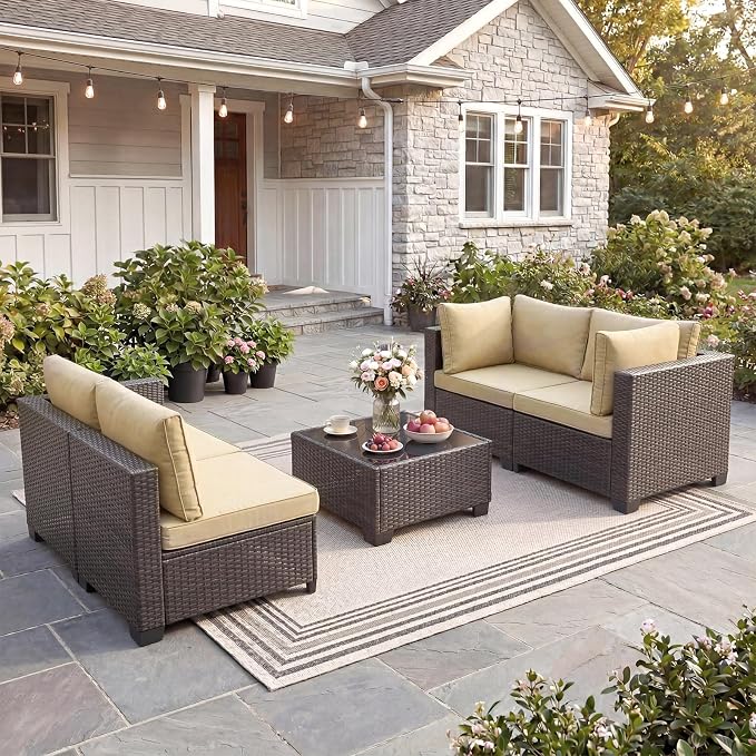 ANJ 5 Piece Outdoor Wicker Patio Furniture Set, Modular Loveseat Sofa with with Glass Top Coffee Table, All-Weather Rattan Conversation Couch Set for Balcony, Backyard, Dark Brown Wicker-Camel