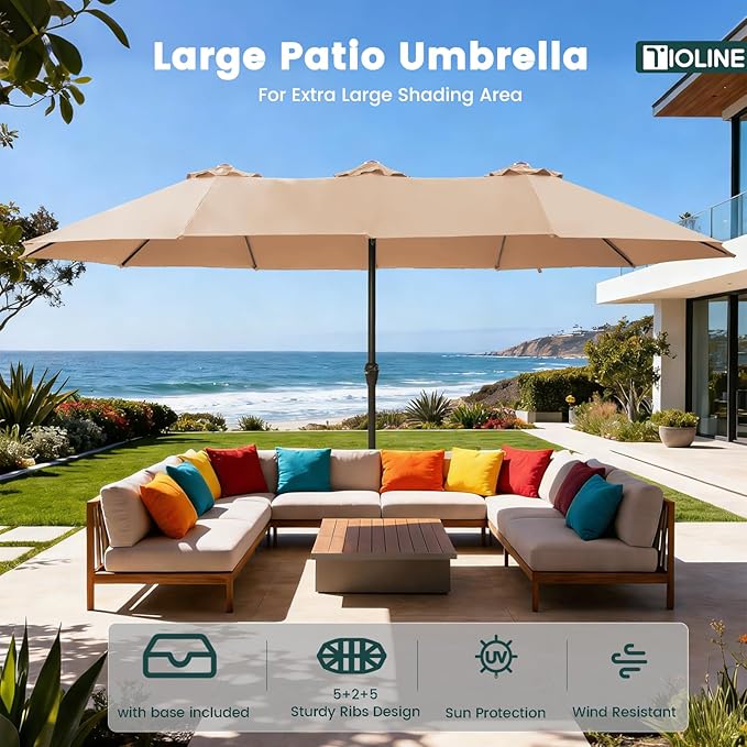 15FT Large Patio Umbrellas with Base Included, Outdoor Double-Sided Rectangle Big Market Umbrella with Stand, Outside Umbrellas for Poolside Lawn Backyard,Beige