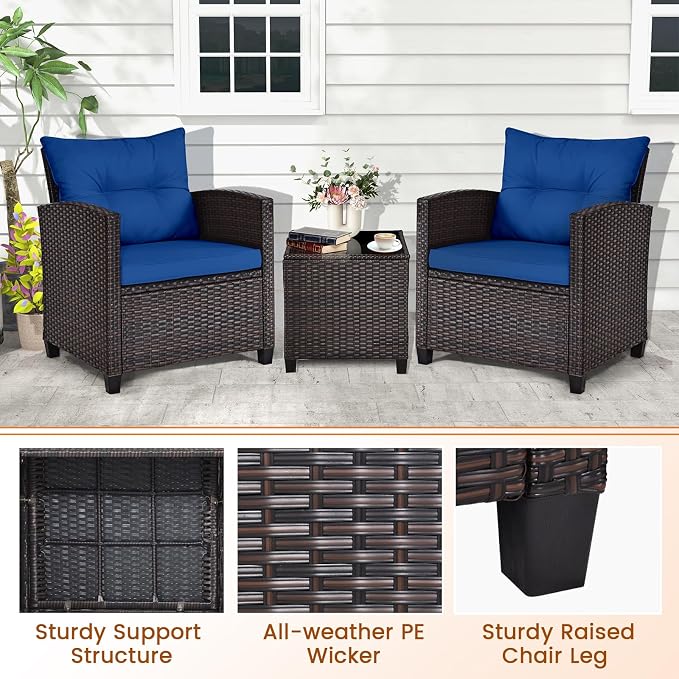 3-Pieces Patio Furniture Set, PE Wicker Chairs Sofa Set with Removable Cushions & Glass Top Side Table, Outdoor Wicker Rattan Conversation Chair for Porch,Backyard, Balcony (Navy Blue)