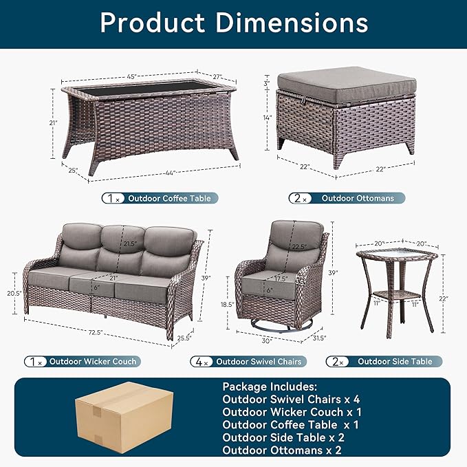 Luxury 10 Pieces Patio Furniture Set, Wicker Swivel Rocker Patio Chairs with 6" Thick Cushion, Outdoor Wicker Sofa with Coffee Table, All Weather Outdoor Conversation for Garden Porch(Brown/Grey)