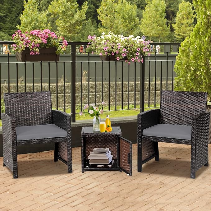 Tangkula 3 Pieces Outdoor Wicker Conversation Set with Waterproof Cover, 2 Patio PE Rattan Cushioned Chairs with Side Storage Table, Suitable for Front Porch, Balcony, Garden, Poolside and Yard (Grey)
