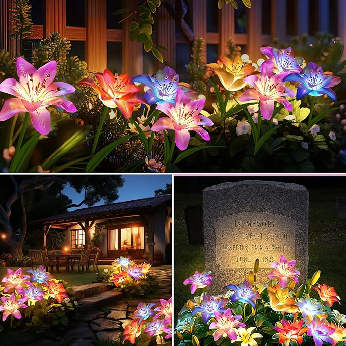 6 Pack Solar Flowers Outdoor Waterproof with Lily Solar Garden Lights for Outside for Yard Pathway Home Decor Enthousiasts, Gifts for Mother