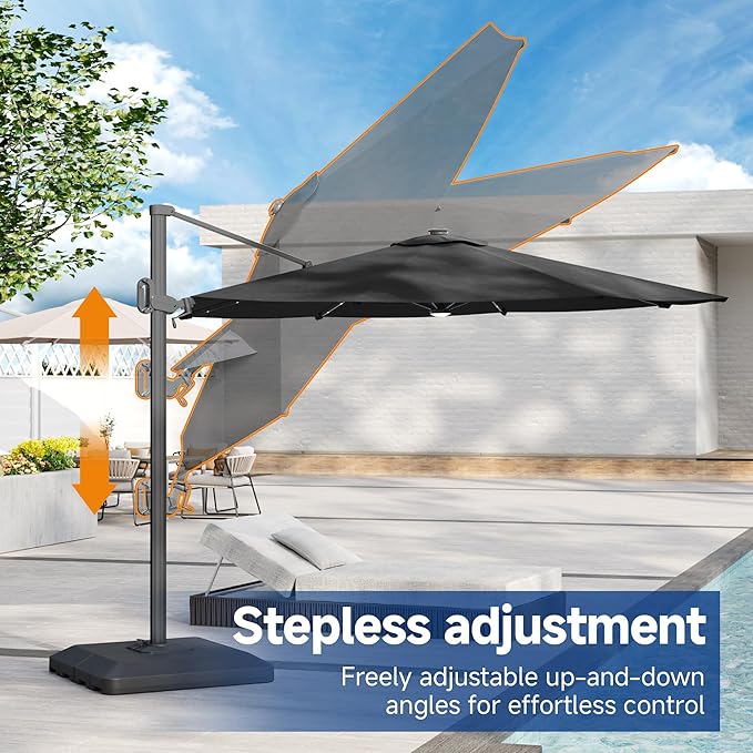 FLAME&SHADE 11ft Cantilever Patio Umbrella with Base, Round Offset Umbrella with Solar Light Strips, Large Heavy Duty Outdoor Aluminum 360° Rotation,for Deck,Pool,Backyard