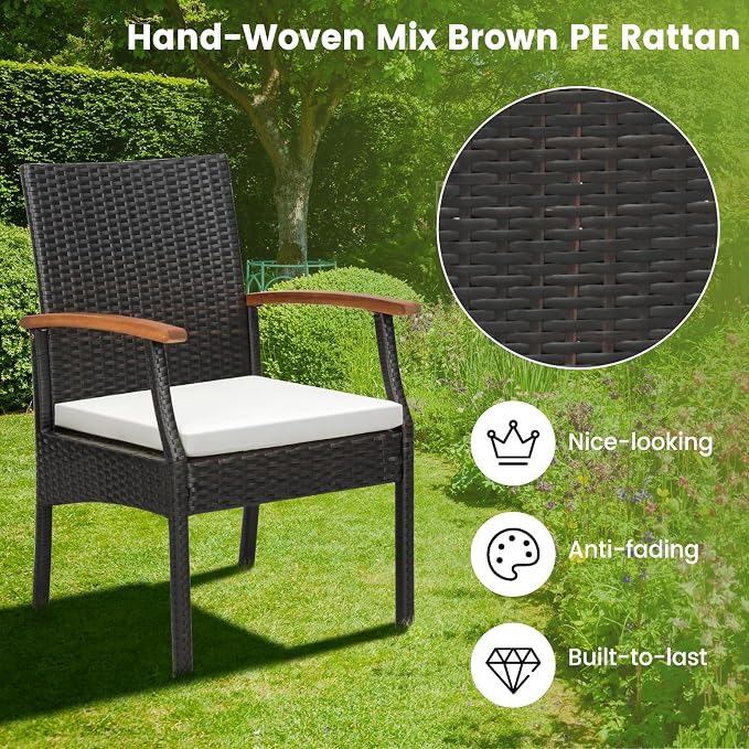 Tangkula Outdoor Dining Set for 4, Weather Resistant Heavy Duty 5 Pieces Patio Acacia Wood Table and Wicker Chairs with Umbrella Hole, Soft Padded Cushions, for Poolside, Backyard, Lawn (5 PCS)
