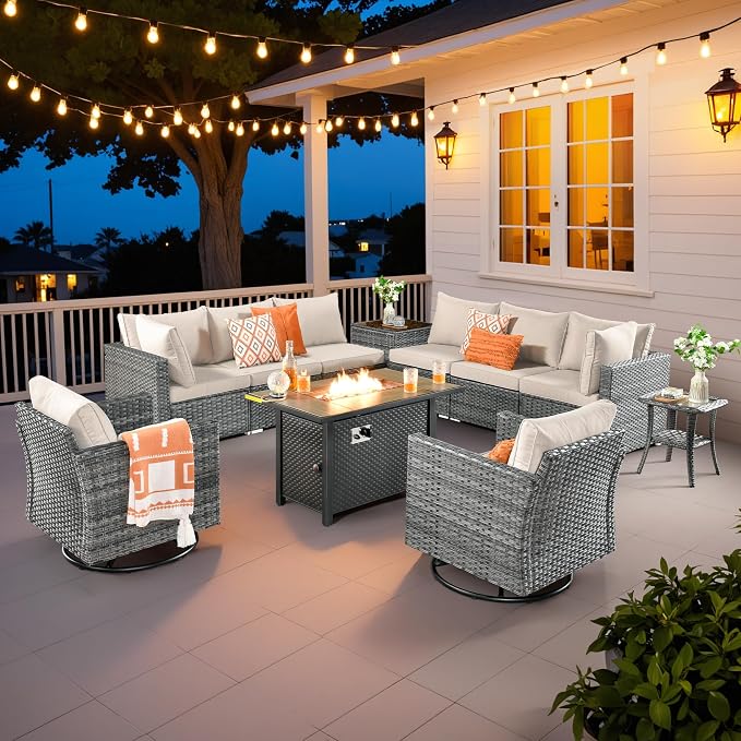 Weaxty 11 Piece Patio Furniture Set with Fire Pit Table, Outdoor Sectional Couch Swivel Rocker Patio Chairs with Coffee Table Wicker Conversation Sets for Balcony Backyard, Beige
