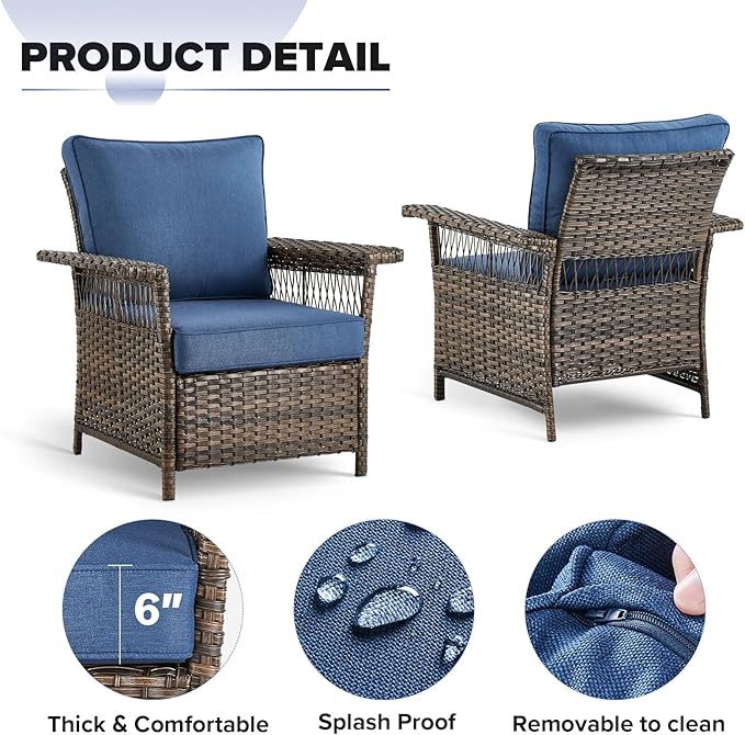 Outdoor Wicker Patio Furniture Set - 5 Piece Rattan Patio Conversation Sets with 2 Armrest Chairs,2 Ottomans and 1 Side Table for Porch Deck Garden(Brown/Blue)