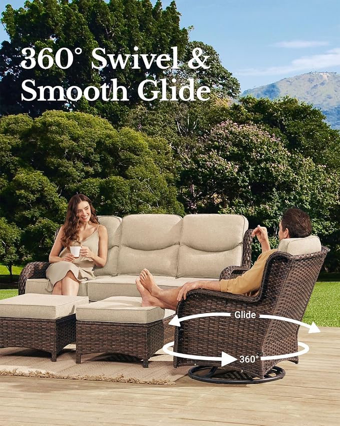 HILLGA Luxury High Back Patio Furniture Set with 6-Inch Thick Cushion, 7-Piece Outdoor Conversation Set with Sofa, Swivel Rocker Chairs & Ottomans, Ideal for Porch Pool Deck Yard (Beige)