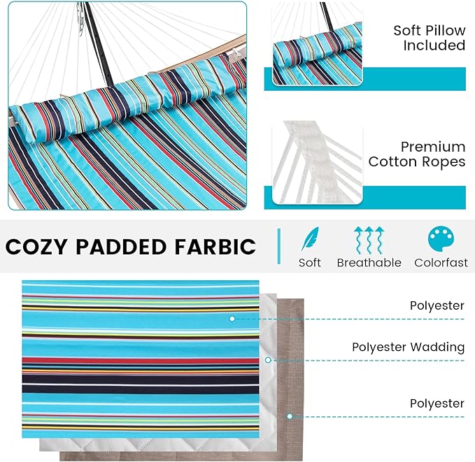 Tangkula 11FT Double Hammock, Heavy Duty Outdoor Hammock with Curved Spreader Bars, Detachable Pillow, 2 Person Hammocks for Outside, Porch, Patio (Blue)