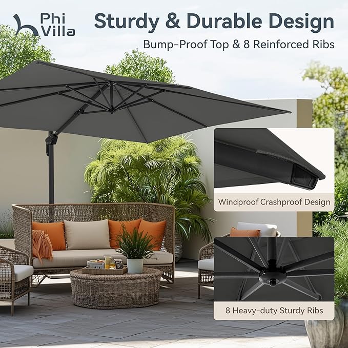 PHI VILLA 10ft Cantilever Patio Umbrella with Crank Handle, 7-Level Tilt & 360° Rotation, Aluminum Square Outdoor Offset Umbrella Windproof & Crashproof for Garden, Deck, Pool (Grey)