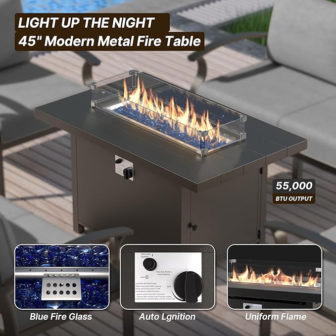Gotland 8 Seats Outdoor Metal Patio Furniture Set with 55,000 BTU Gas Fire Pit Table w/Glass Wind Guard Patio Conversation Sectional Sofa Sets-Grey