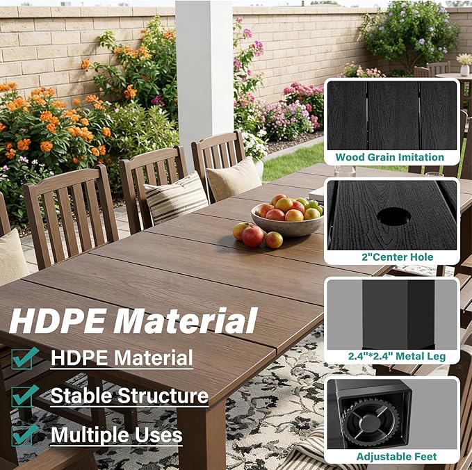 11-Piece Patio Dining Set, Outdoor Dining Set for 10, HDPE All-Weather Outdoor Furniture with 89.57” Umbrella Hole Table, 2 Armchairs & 8 Armless Chairs, Brown