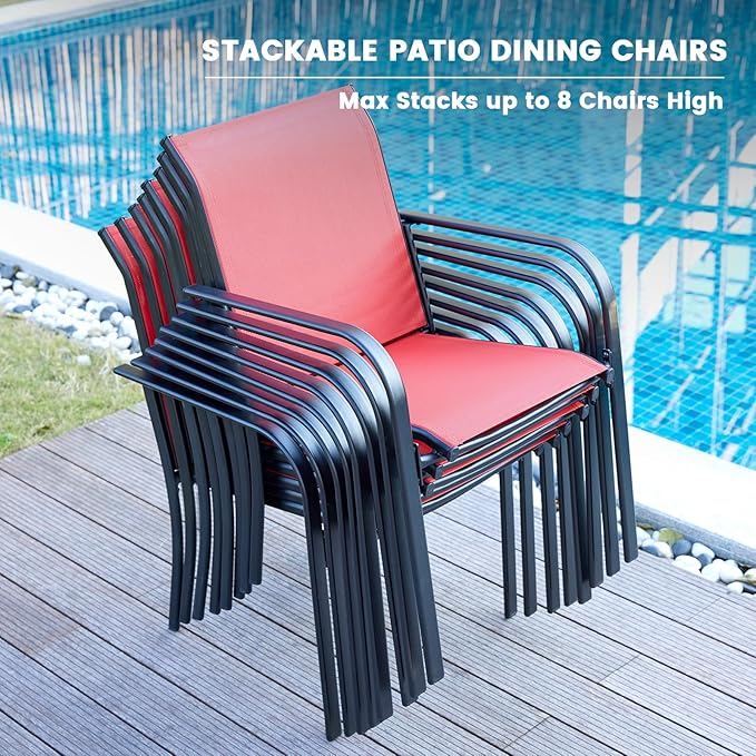 VICLLAX Outdoor Set for 2, Small Patio Table and Chairs Set of Stackable Patio Sling Chairs and Round Dining Table for Front Porch, Red Fabric and Black Table