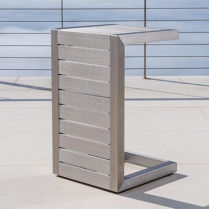 24" H Aluminium Silver Patio Side Table, Small C-Shaped Outdoor Patio Table Coffee Table for Patio, Garden or Balcony