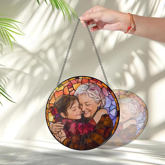 Custom Photo Stained Glass Window Hanging Suncatcher, Personalized Portrait Photo Style Family Picture Gift for Grandpa/Grandfather/Dad/Father, Custom Father's Day Birthday Decor