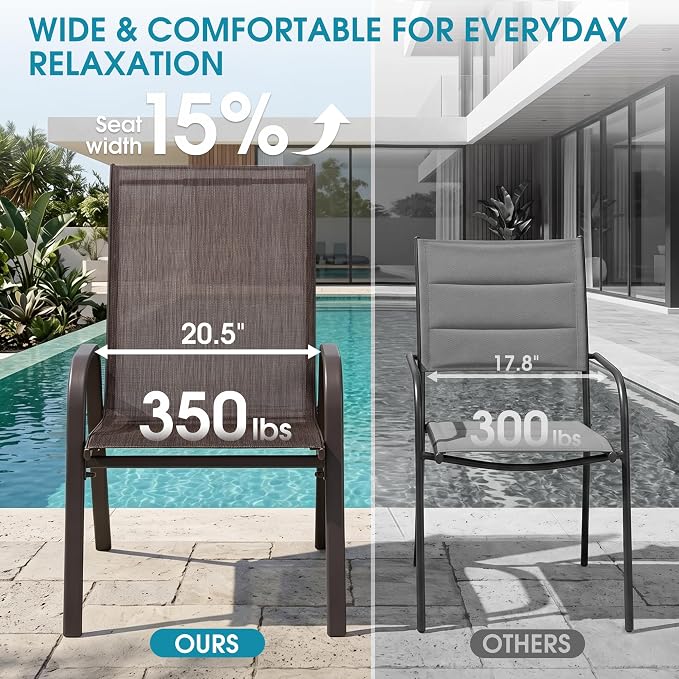 24.4" Wide Outdoor Stackable Chairs Set of 8, Stacking Patio Chairs with Textilene Fabric, Outside Furniture for Garden Backyard Balconie Poolside Deck, Brown