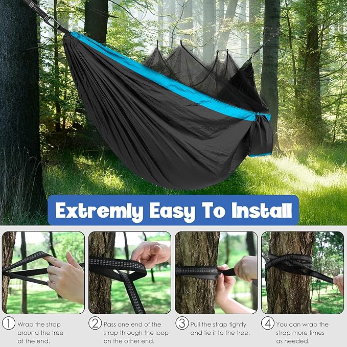 Gold Armour Camping Hammock - Camping Essentials, Double Hammock with Bug Net, Camping Gear Hammock for Outside, Hiking, and Travel (Gray & Sky Blue)