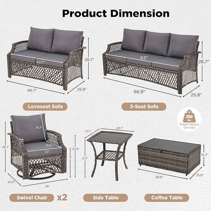 HOMREST 6 Piece Patio Furniture Set, Wicker Outdoor Conversation Sofa Set with Swivel Chairs, Loveseat, Storage Coffee Table, Rattan Outdoor Sectional for Deck Backyard Porch（7 Seats, Gray