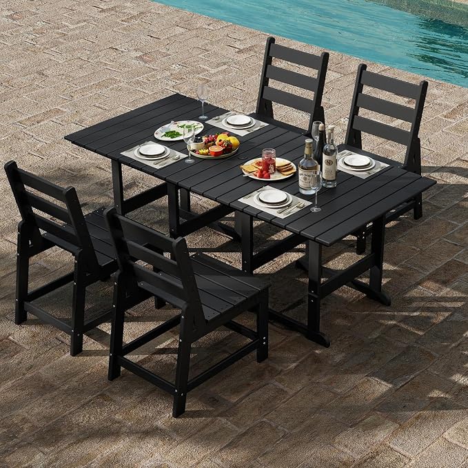 GREENVINES 5-Piece-Outdoor-Table-and-Chairs | HDPE | Patio Furniture | Slatted Dining Sets for 4 | Armless Chair | Connectable Tables | All Weather | for Backyard Poolside Garden | Black