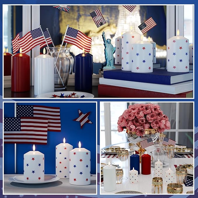 Patriotic Red White and Blue Candles, Real Wax Flameless Pillar Candles with Remote, 4th of July Led Candles, Independence Day Flameless Candles for Patriotic Decor, 3 Pack (D 3" x H 6")