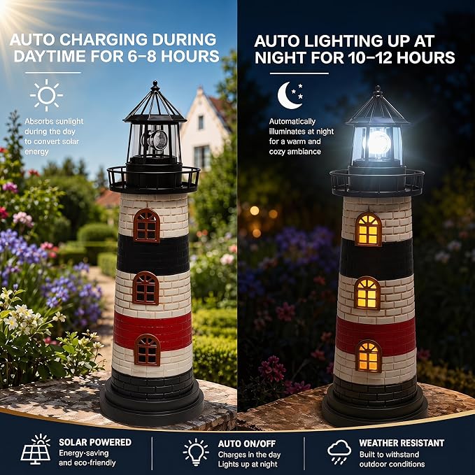 Garden Statues 23" Coastal Solar Lighthouse Garden Decor Waterproof Solar Lights Outdoor Decorative Beach Pool Patio Lawn Yard Decorations, Unique Housewarming Gift Garden Gifts for Family Friends