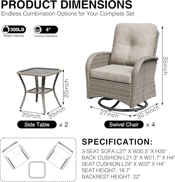 Joyside Wicker Patio Furniture Set, 6 Piece Outdoor Furniture Set with Thickened Cushions, High Back, Deep Seating, Wide Armrest, Outdoor Swivel Rocker Chairs for Porch, Deck