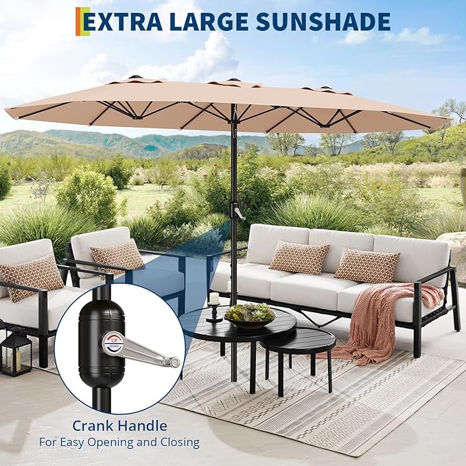 13FT Patio Umbrella, Outdoor Double-Sided Rectangle Market Umbrella with Crank Handle for Pool, Lawn, Garden, Backyard, Beige