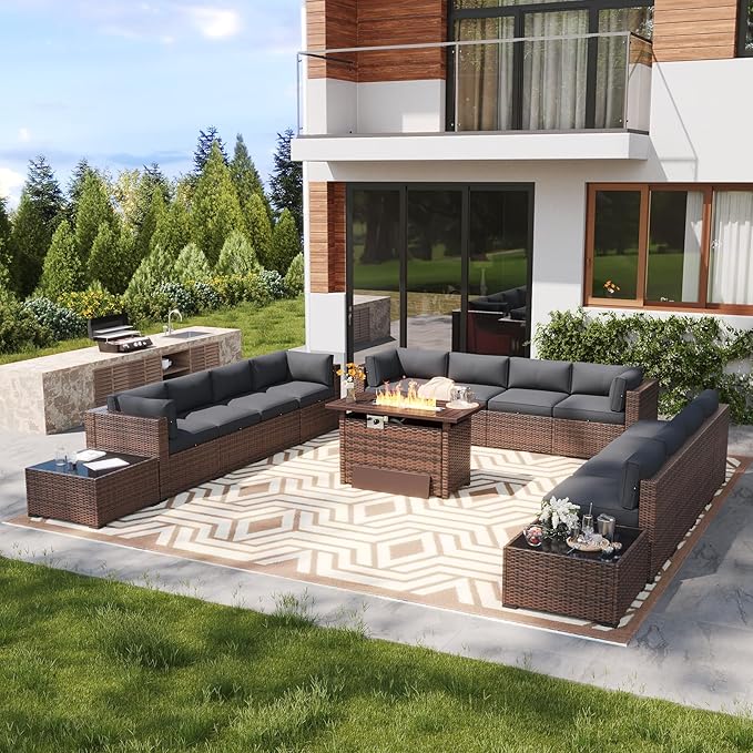 LazySunsets 15 Piece Outdoor Patio Furniture Set with 44'' Fire Pit Table, Outdoor Patio Furniture Set with Waterproof Cover, Wicker Rattan Outdoor Conversation Set for Backyard & Garden, Grey