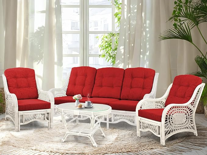 Malibu Lounge Set of 4: 2 Natural Rattan Wicker Chairs, Three-Seater Sofa with Red Cushions and Coffee Table with Glass Handmade, White Color