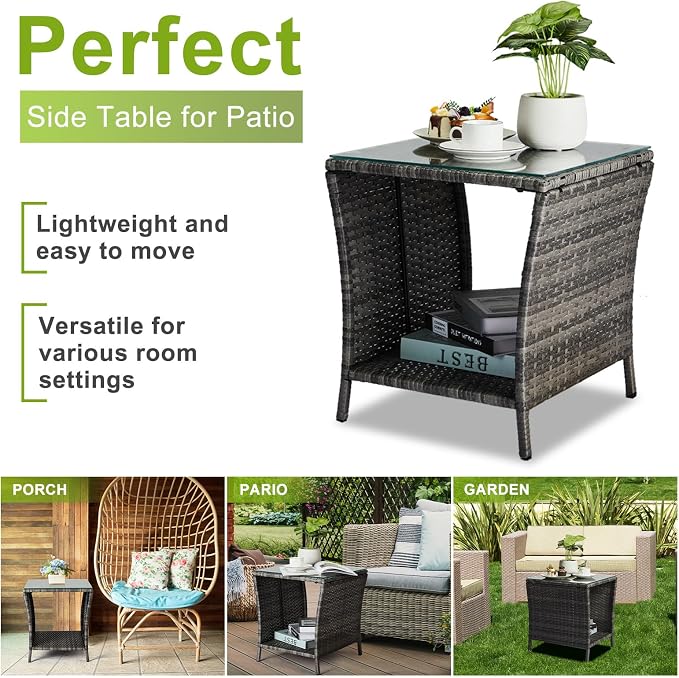 Outvita Outdoor Side Table, Rattan Coffee Table Small End Table with Glass Top Storage for Patio Porch Backyard Balcony