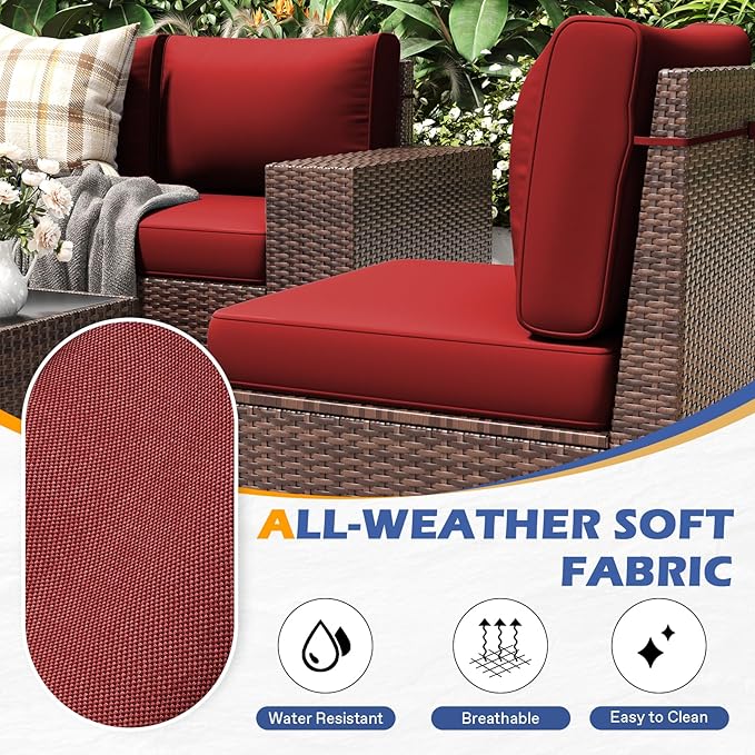 6 Pieces Outdoor Patio Furniture Set with Table Brown Rattan Sectional Sofa Conversation Sets for Balcony Lawn and Garden (Wine, 6 pcs w/Table)