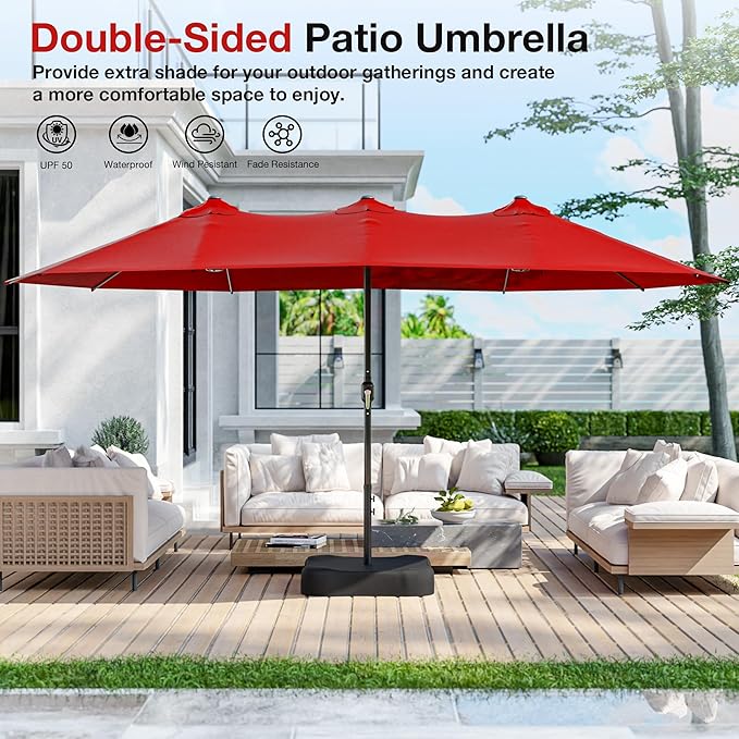 Joyside 15FT Large Patio Umbrella, Outdoor Double Sided Umbrella, Rectangle Umbrella with Crank Handle, 12 Sturdy Ribs for Deck, Porch and Pool