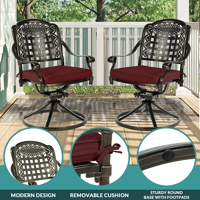 MEETWARM 9-Piece Outdoor Patio Dining Set, All Weather Cast Aluminum Patio Funiture Table and Chairs Set- 94.5” Rectangular Table and 8 Cushioned Swivel Rocker Chairs, Umbrella Hole, Chili Red